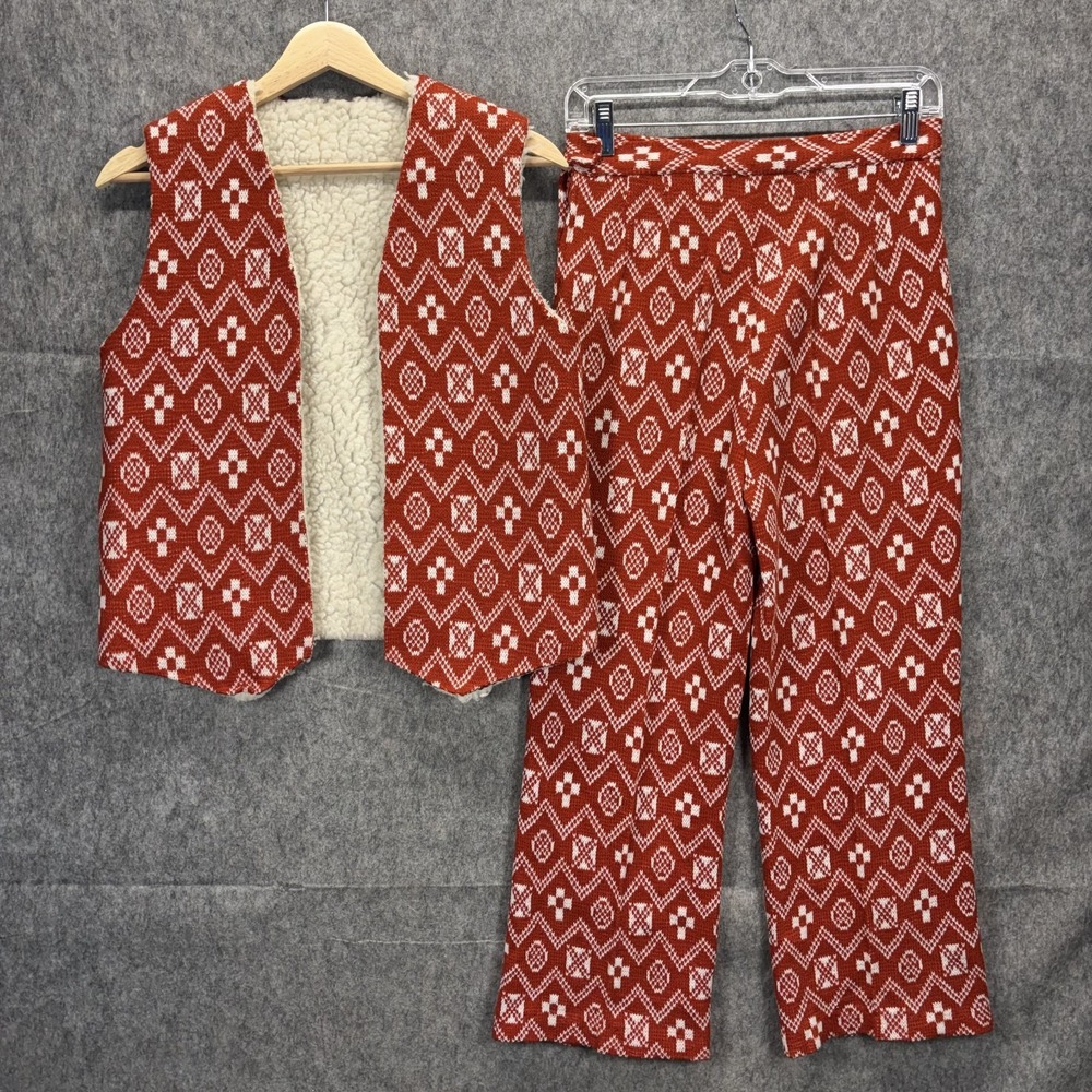 Vintage 2 Piece Set Sherpa Lined Fur Vest Pants Women's 70s Orange USA Western
